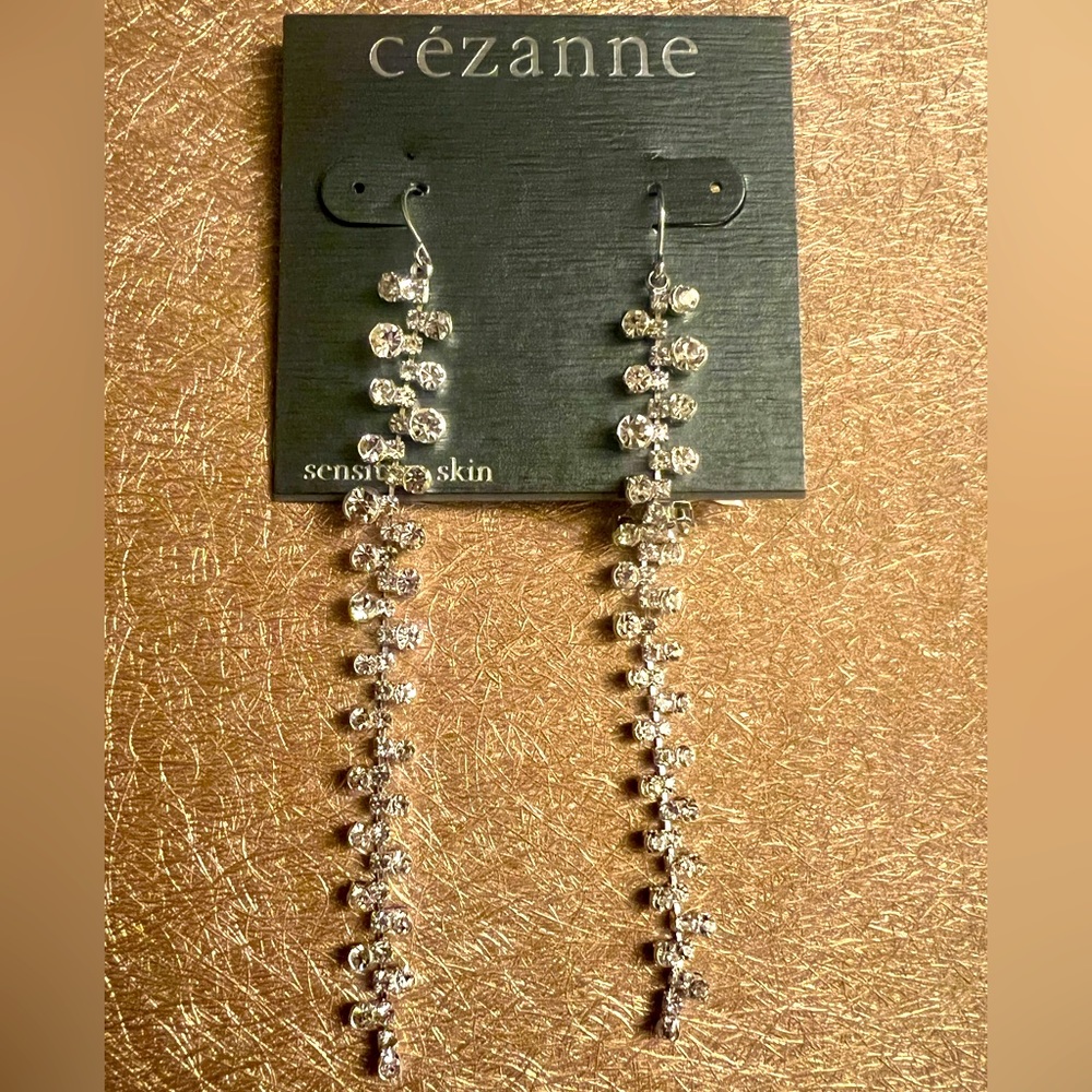 New Cezanne long dangle earrings silver stones fancy